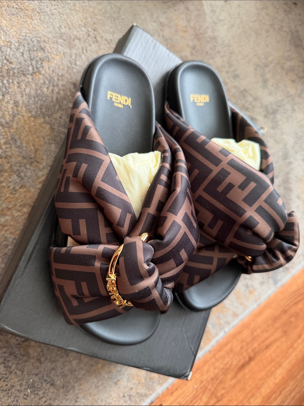 Fendi Brown and Black FF Logo Knotted Slide Sandals